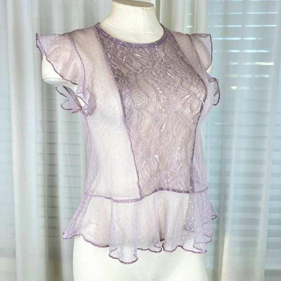 New Look Tops - New Look Lace Mesh Ruffle Top Sheer Cap Sleeve Womens Size 8 petite fairy